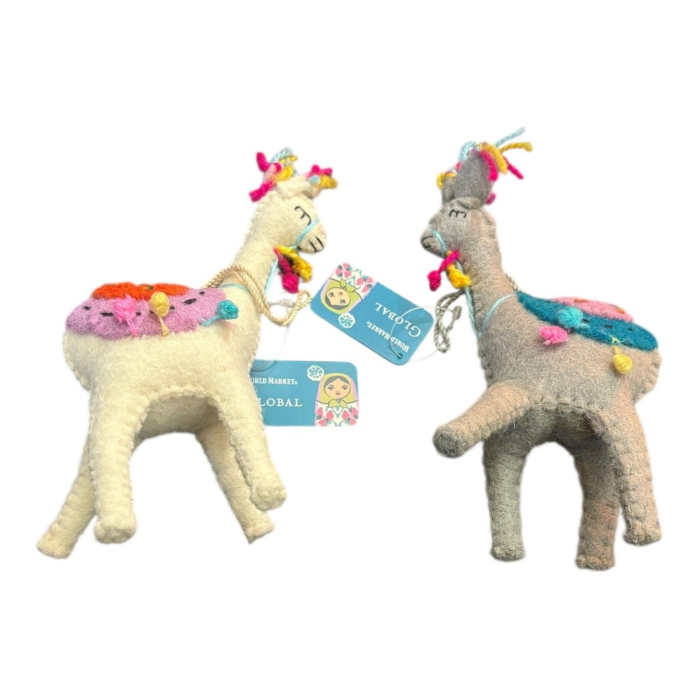 World Market Global Felt Llama Alpaca Ornaments Set of 2 Handmade Boho Decor